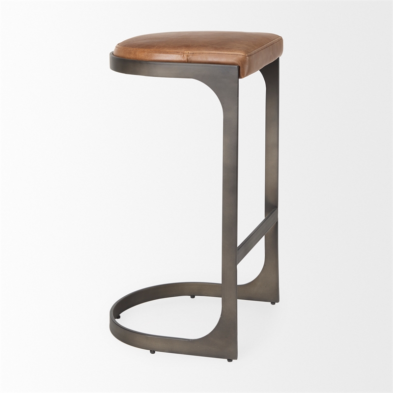 Tyson 17L x 18W x 31H Medium Brown  Leather  W/Gun Metal Gray Base Stool