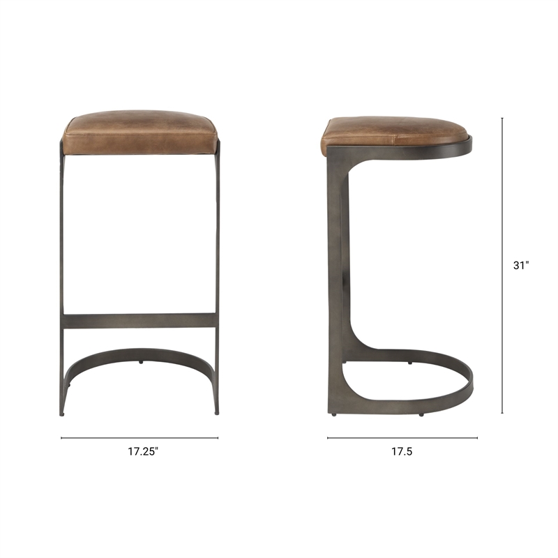 Tyson 17L x 18W x 31H Medium Brown  Leather  W/Gun Metal Gray Base Stool