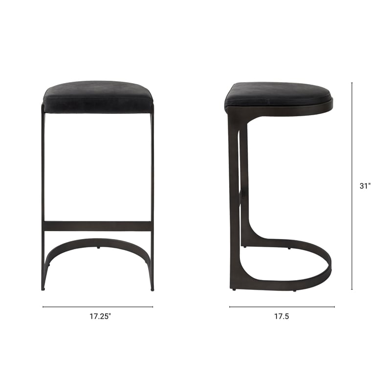 Tyson 17L x 18W x 31H Black Leather W/Gunmetal Gray Base Stool