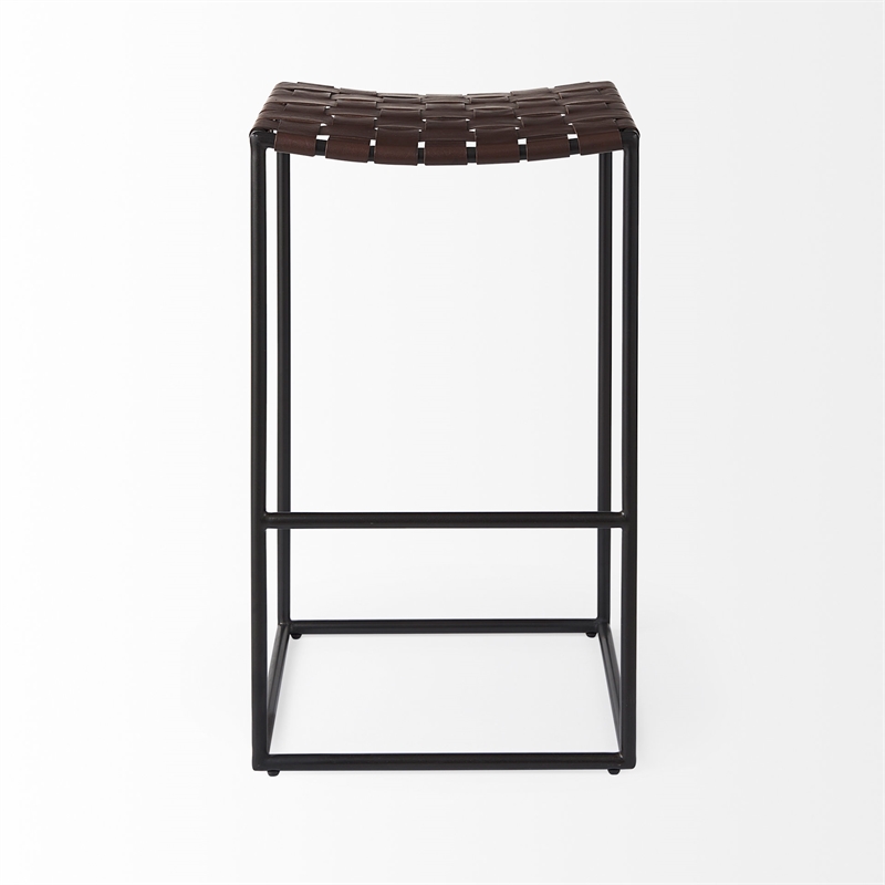 Clarissa 18.0L x 16.0W x 30.0H Dark Brown Woven Leather W/Black Iron Frame Stool