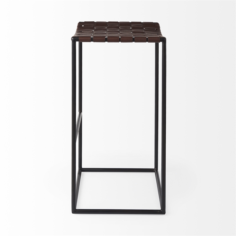 Clarissa 18.0L x 16.0W x 30.0H Dark Brown Woven Leather W/Black Iron Frame Stool