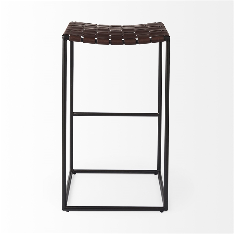 Clarissa 18.0L x 16.0W x 30.0H Dark Brown Woven Leather W/Black Iron Frame Stool