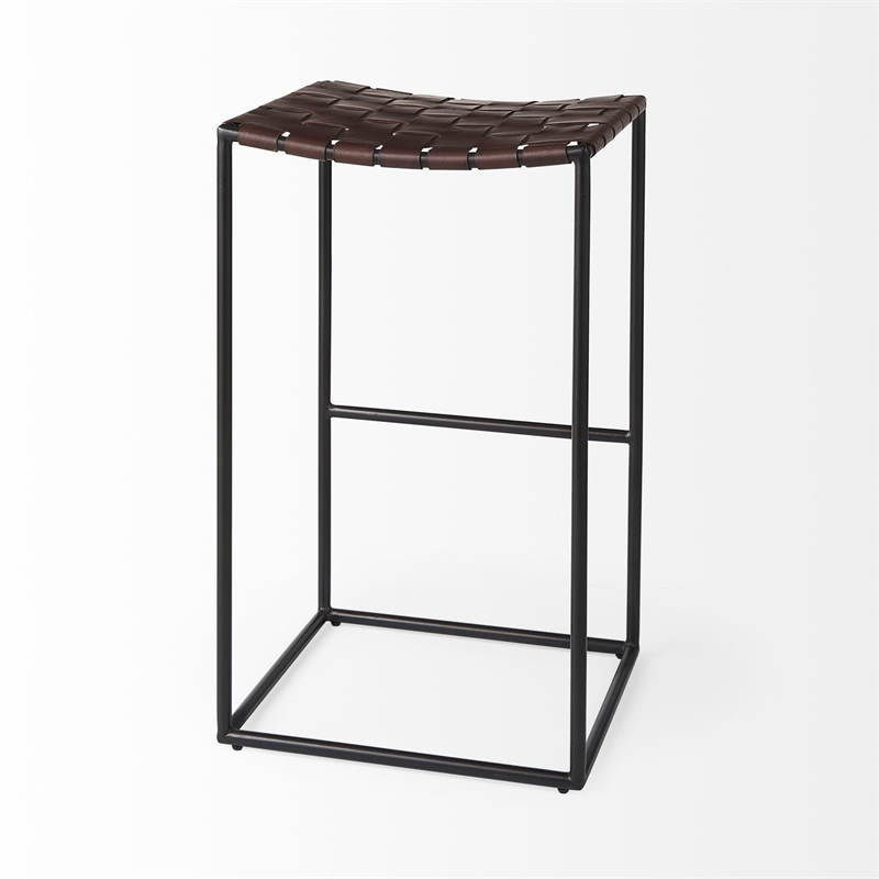 Clarissa 18.0L x 16.0W x 30.0H Dark Brown Woven Leather W/Black Iron Frame Stool