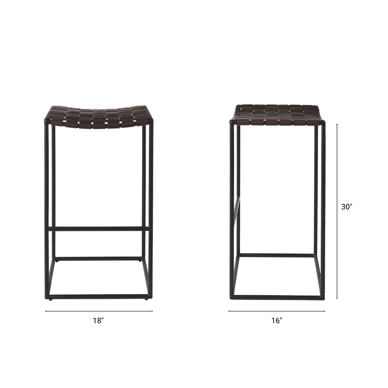 Clarissa 18.0L x 16.0W x 30.0H Dark Brown Woven Leather W/Black Iron Frame Stool