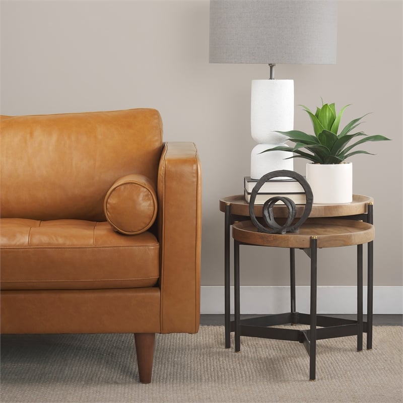 Marquisa 22.5L x 22.5W x 20.8H Brown Wood & Black Metal Base Nesting Side Tables
