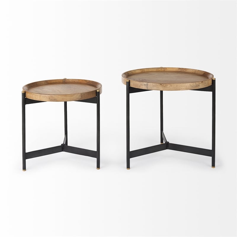 Marquisa 22.5L x 22.5W x 20.8H Brown Wood & Black Metal Base Nesting Side Tables