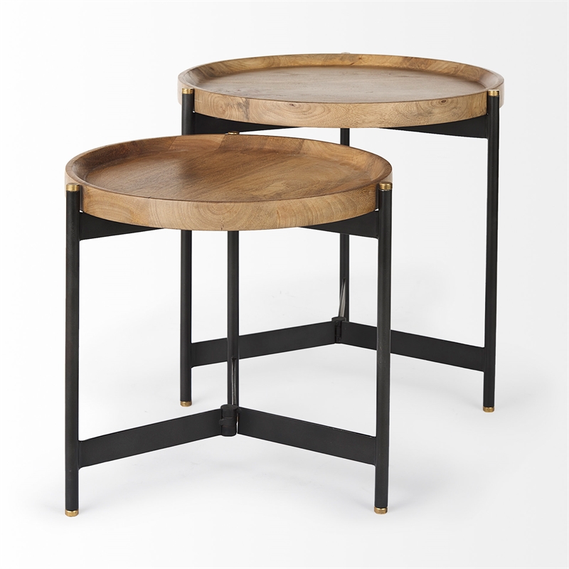 Marquisa 22.5L x 22.5W x 20.8H Brown Wood & Black Metal Base Nesting Side Tables