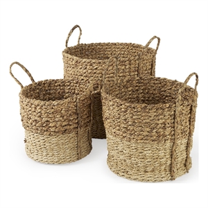 Mercana Morocco (Set of 3) Brown Wicker Water Hyacinth and Cornhusk Round Basket