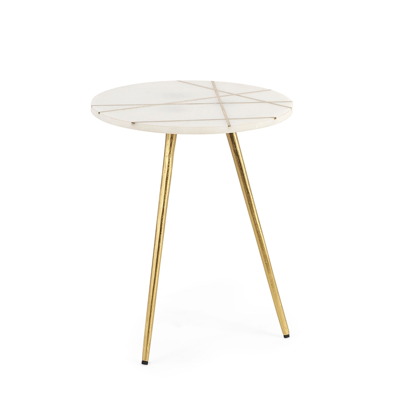 Vivienne White Marble Antique Gold Metal Round Top Small Side Table