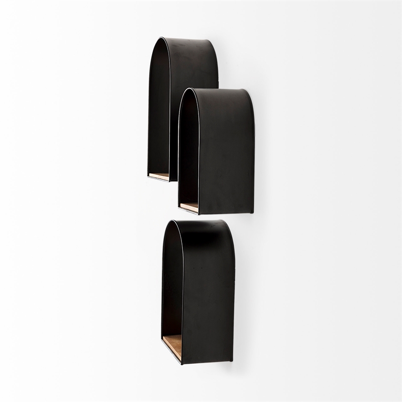 Mercana Finley Set Of 3 Black Metal W/Wood Wall Shelves