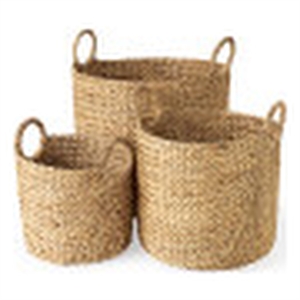 mercana sivan light brown water hyacinth round basket w/ handles in set of 3