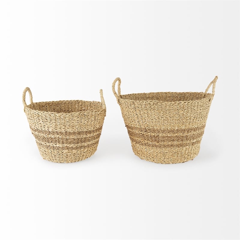 Mercana Vance Light Brown Palm Leaf And Seagrass Round Basket W/ Handles