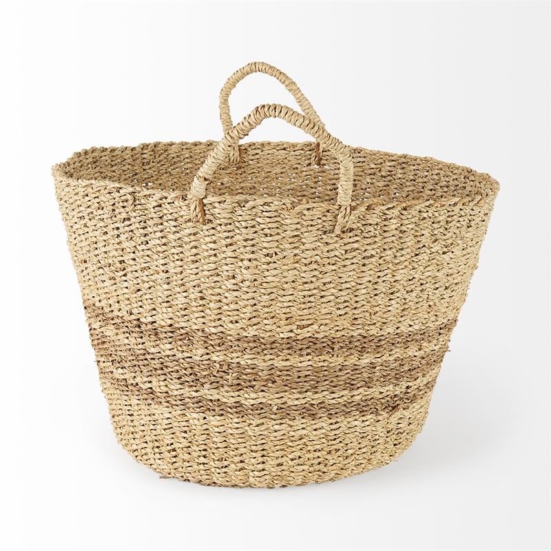 Mercana Vance Light Brown Palm Leaf And Seagrass Round Basket W/ Handles