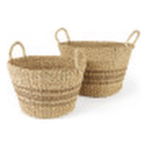 mercana vance light brown palm leaf and seagrass round basket w/ handles