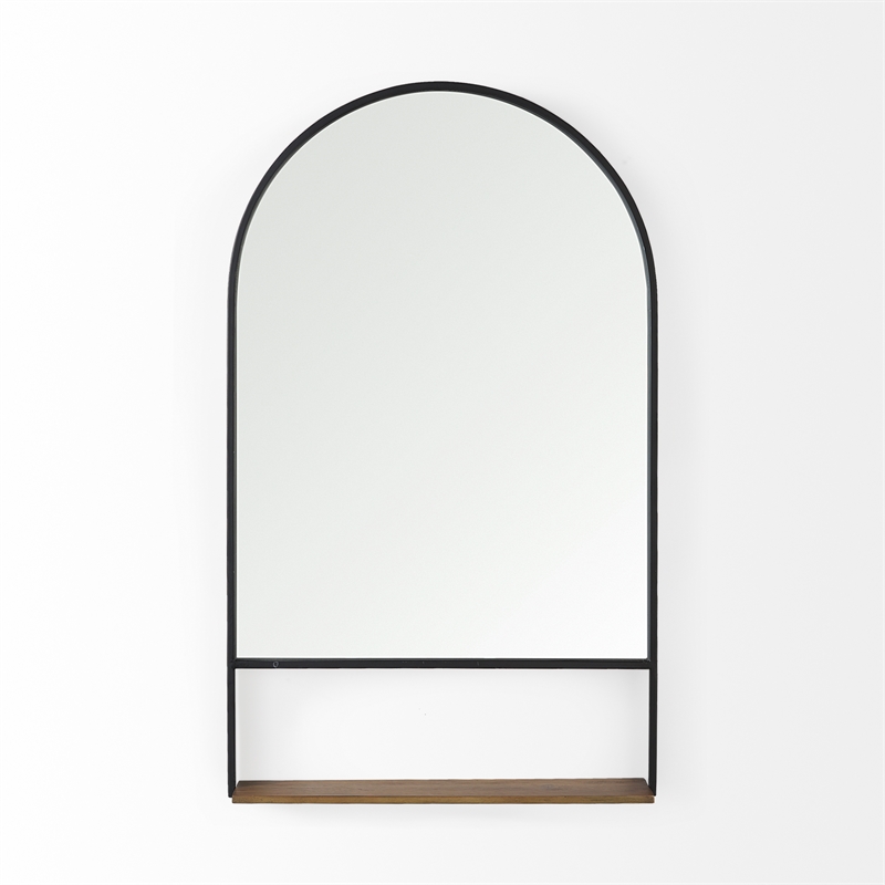 Mercana Cora Black Metal Frame W/ Brown Wooden Shelf Arched Wall Mirror