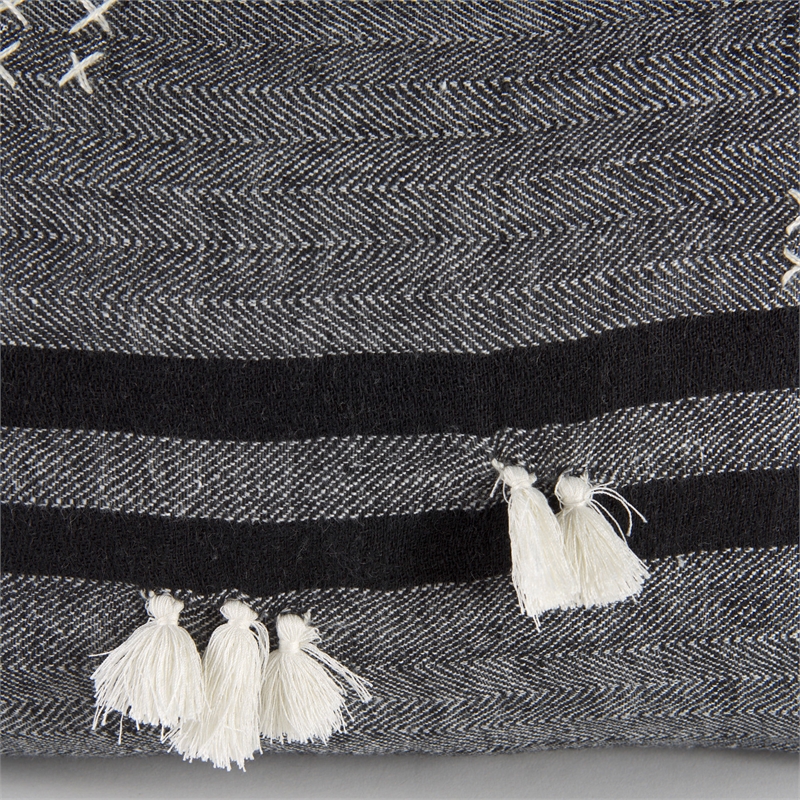Mercana Sibyl Black Fabric Striped And White Fringed Decorative Pillow Cover