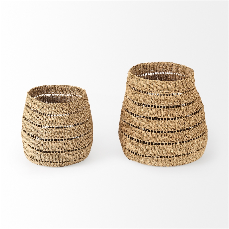 Mercana Hayes Medium Brown Seagrass Round Basket With Stripe Pattern in Set Of 2