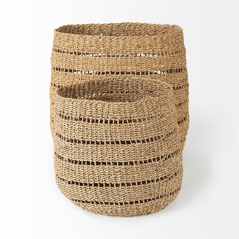 Mercana Hayes Medium Brown Seagrass Round Basket With Stripe Pattern in Set Of 2