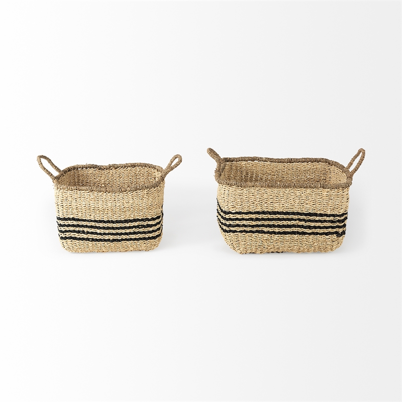 Mercana Emma Light Brown Seagrass Rectangular Basket W/ Black Stripes (Set Of 2)