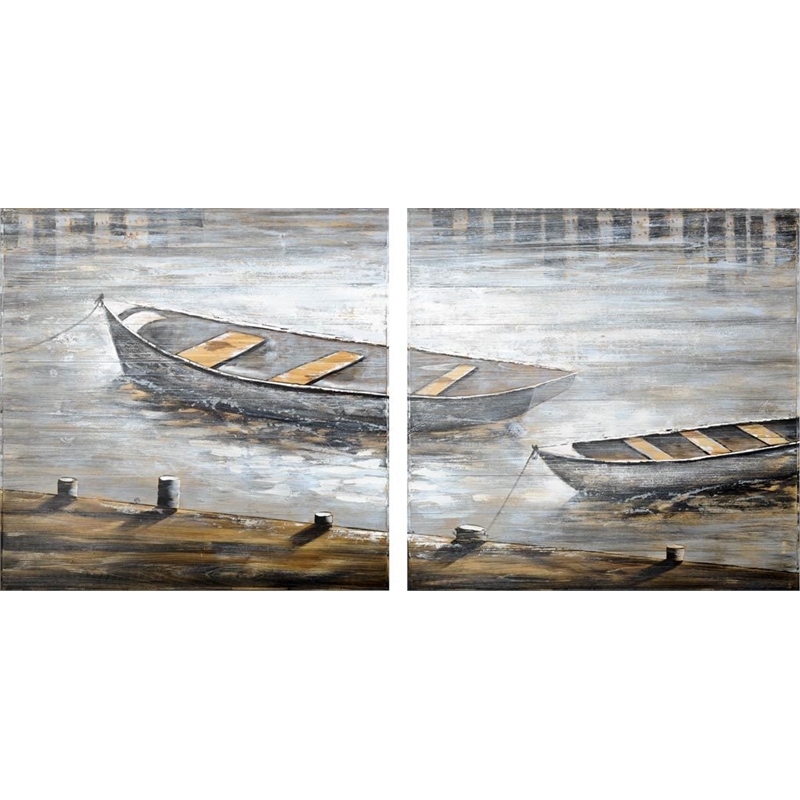 Mercana Creekside Diptych 80X40 Boats On Wood Oil Painting in Multi-Color