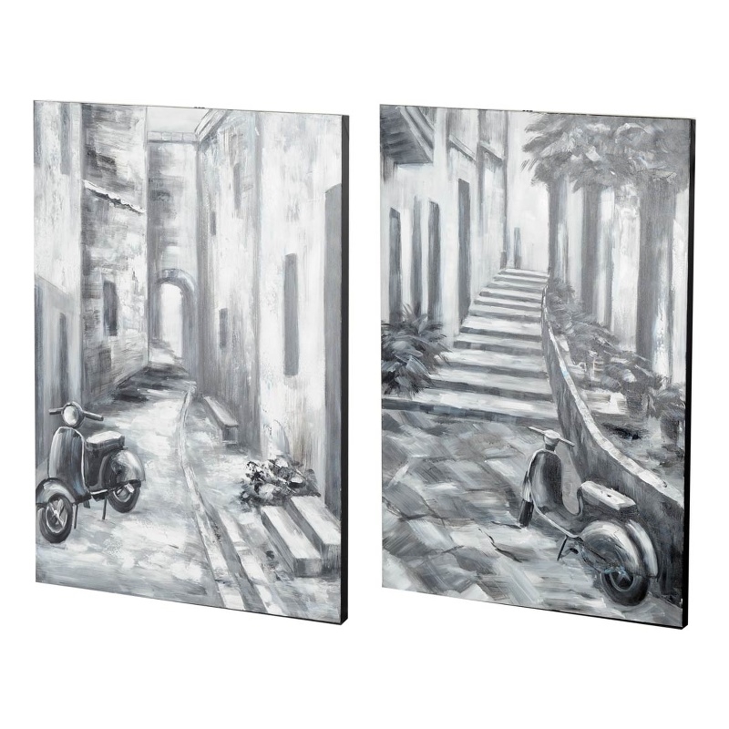 Mercana Memory Lanes Diptych Italian Laneway On Canvas Oil Painting in Gray