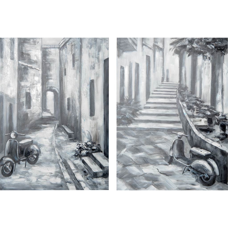 Mercana Memory Lanes Diptych Italian Laneway On Canvas Oil Painting in Gray