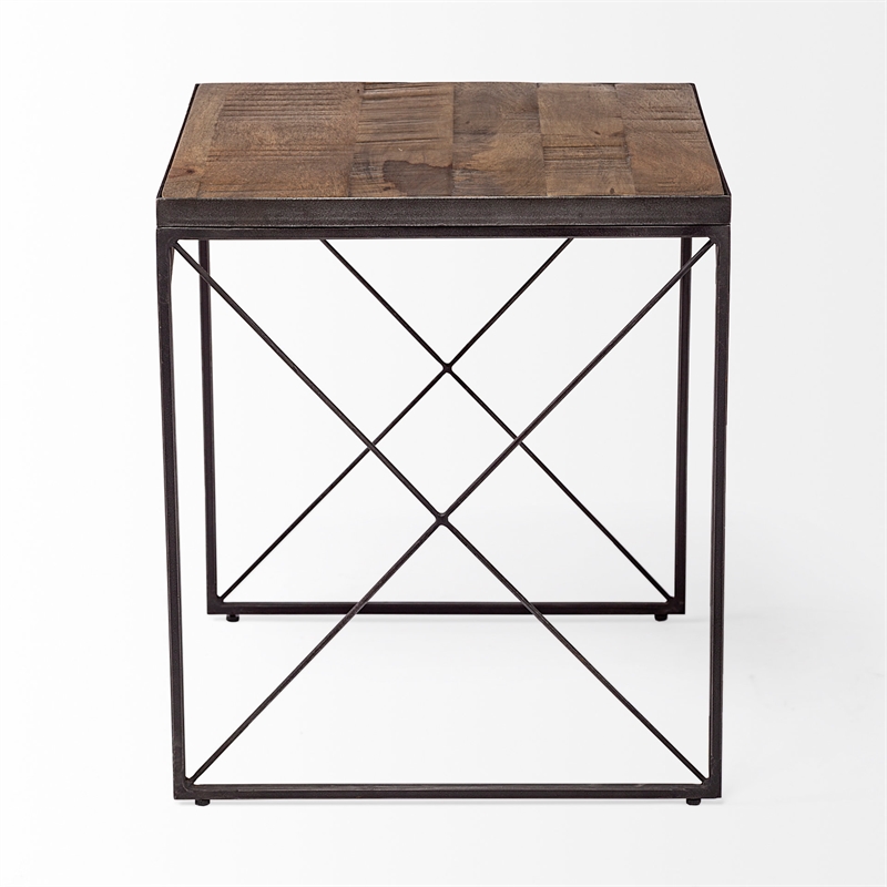 Mercana Trestman Ii Square Top Brown Wood And Iron Cross Braced End/Side Table