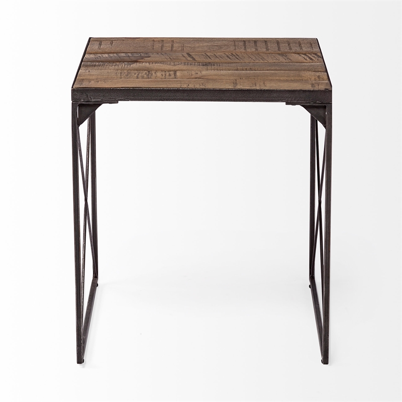 Mercana Trestman Ii Square Top Brown Wood And Iron Cross Braced End/Side Table