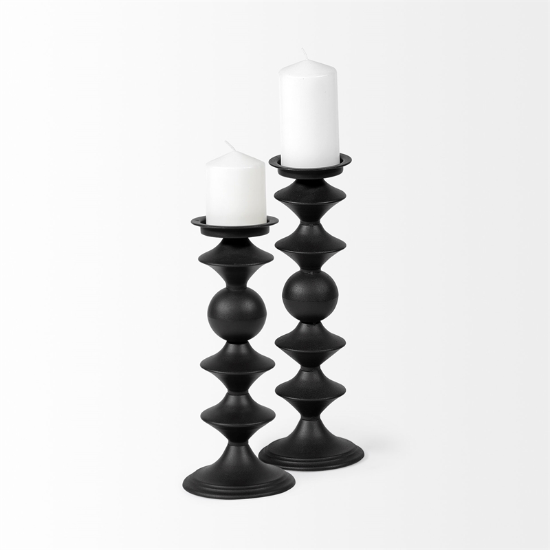 Mercana Candelero I Small Matte Black Metal Grooved Table Candle Holder