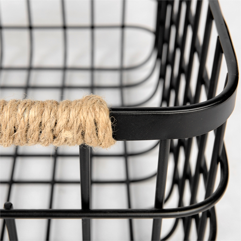 Mercana Marius Matte Black Metal W/ Rope Trim Rectangular Baskets in Set Of 2