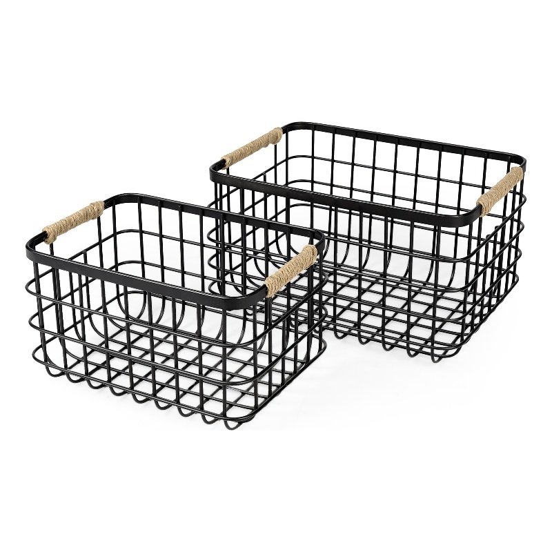 Mercana Marius Matte Black Metal W/ Rope Trim Rectangular Baskets in Set Of 2
