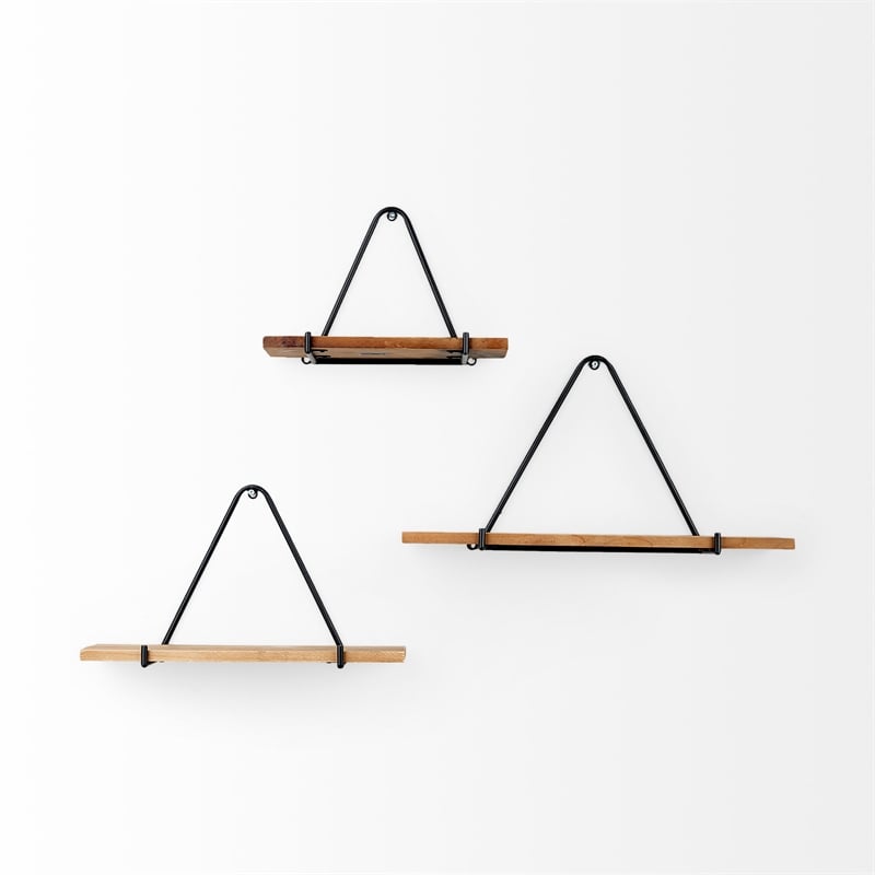 Mercana Khufu Brown Wood W/ Black Metal Triangular Hanging Shelves in Set Of 3