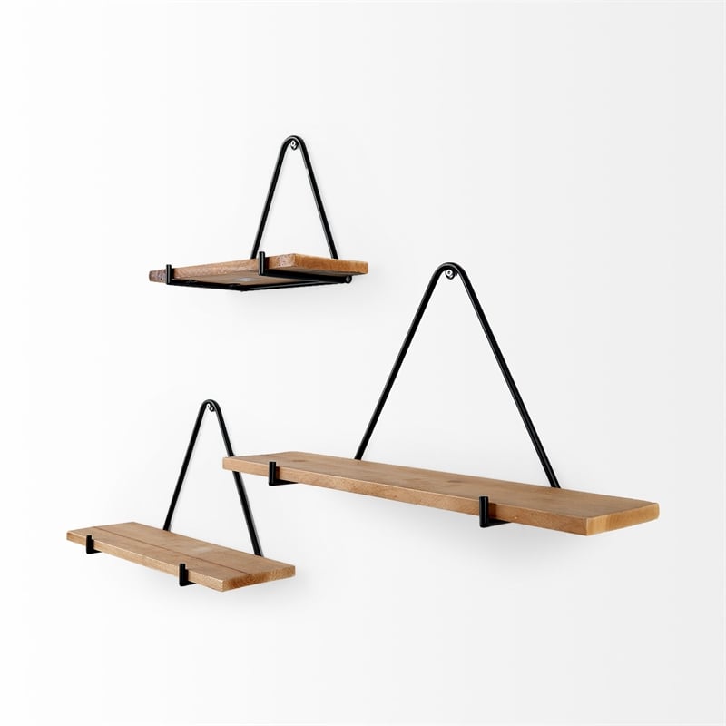 Mercana Khufu Brown Wood W/ Black Metal Triangular Hanging Shelves in Set Of 3