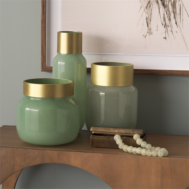 Mercana Minty Medium Green Glass Vase W/Matte Gold Metal Neck Cuff