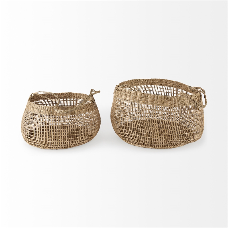 Mercana Nova Light Brown Seagrass Woven Round Basket W/ Long Handle in Set Of 2