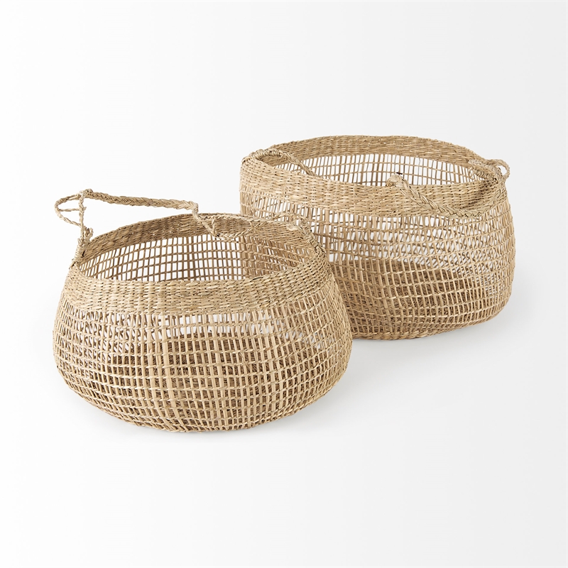 Mercana Nova Light Brown Seagrass Woven Round Basket W/ Long Handle in Set Of 2