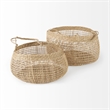 Mercana Nova Light Brown Seagrass Woven Round Basket W/ Long Handle in Set Of 2