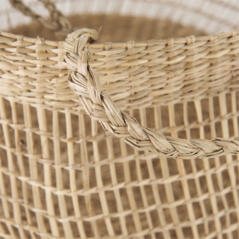 Mercana Nova Light Brown Seagrass Woven Round Basket W/ Long Handle in Set Of 2