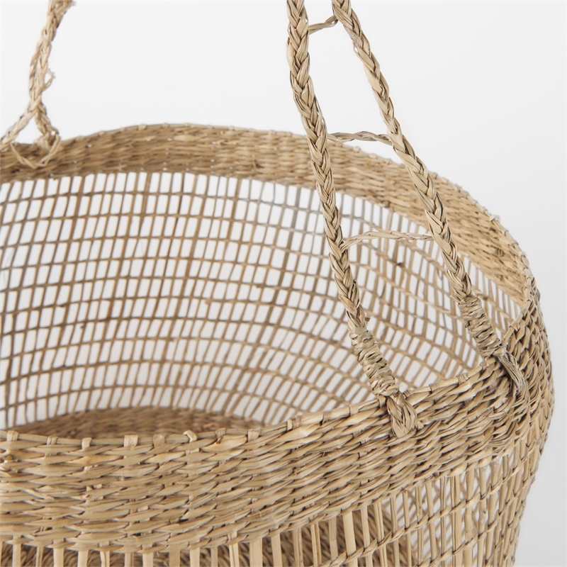 Mercana Nova Light Brown Seagrass Woven Round Basket W/ Long Handle in Set Of 2