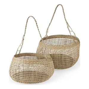 mercana nova light brown seagrass woven round basket w/ long handle in set of 2