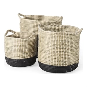 mercana maddie light brown w/black dipped seagrass round basket in set of 3
