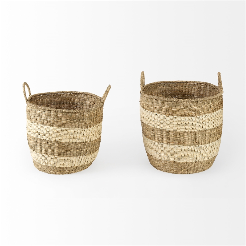 Mercana Bradley Light Brown W/Striped Seagrass Basket W/ Handles in Set Of 2