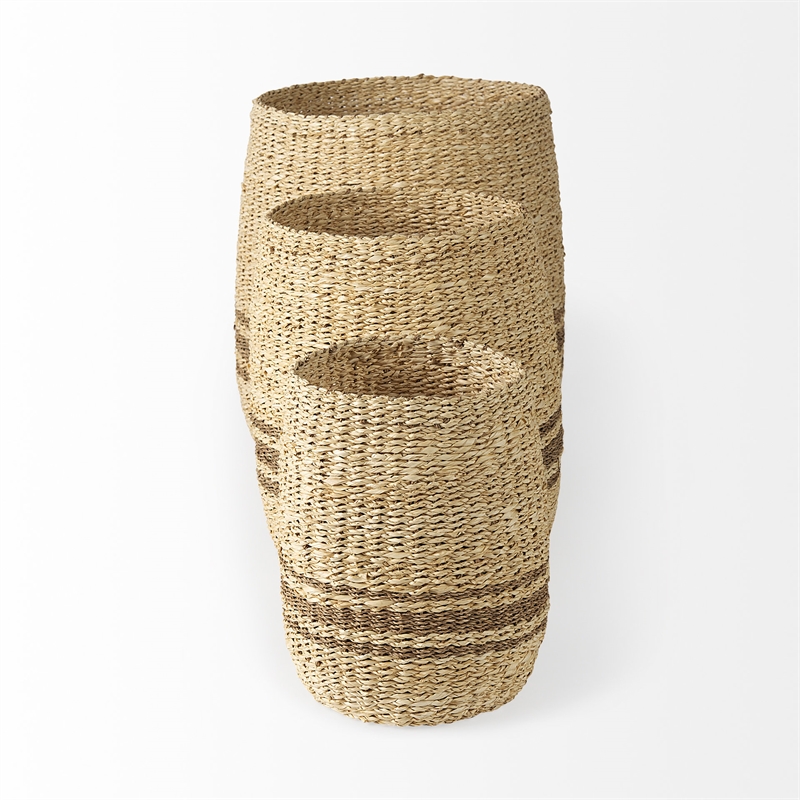 Mercana Sivannah Light And Medium Brown Striped Seagrass Round Basket (Set Of 3)