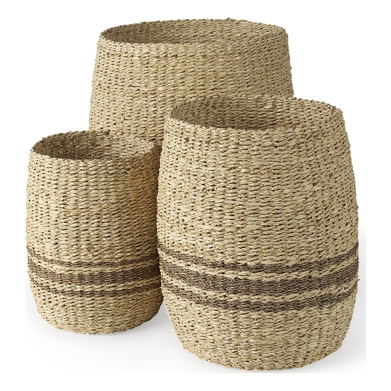 Mercana Sivannah Light And Medium Brown Striped Seagrass Round Basket (Set Of 3)