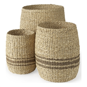 mercana sivannah light and medium brown striped seagrass round basket (set of 3)