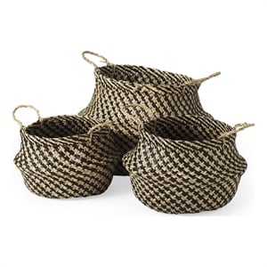 mercana gaia light/dark brown cross patterend belly seagrass basket in set of 3