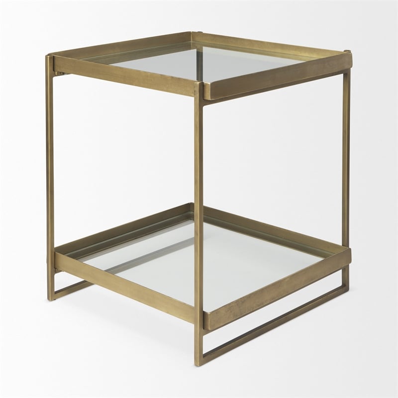 Mercana Furniture Trey Metal with Glass Accent Table in Antique Gold