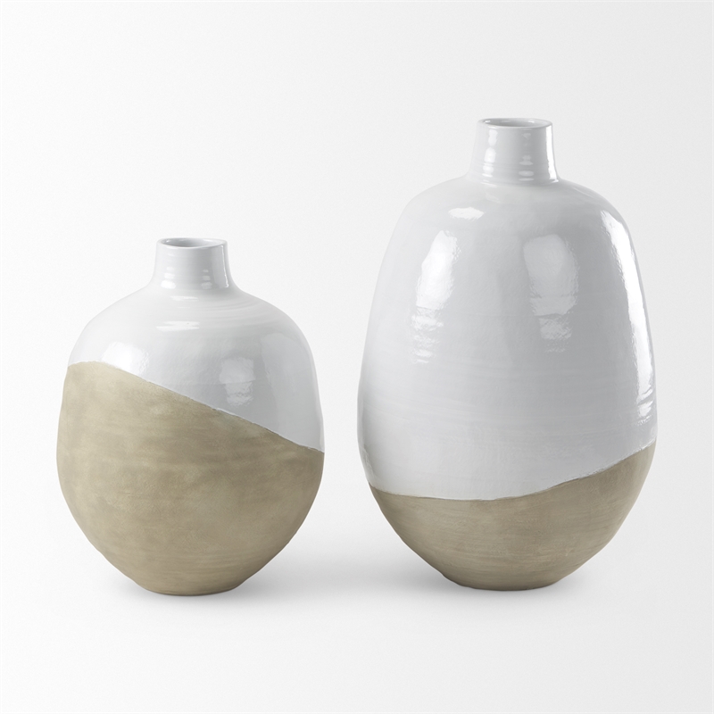 Mercana Amos White And Dark Beige Color Blocked Ceramic Floor Vase