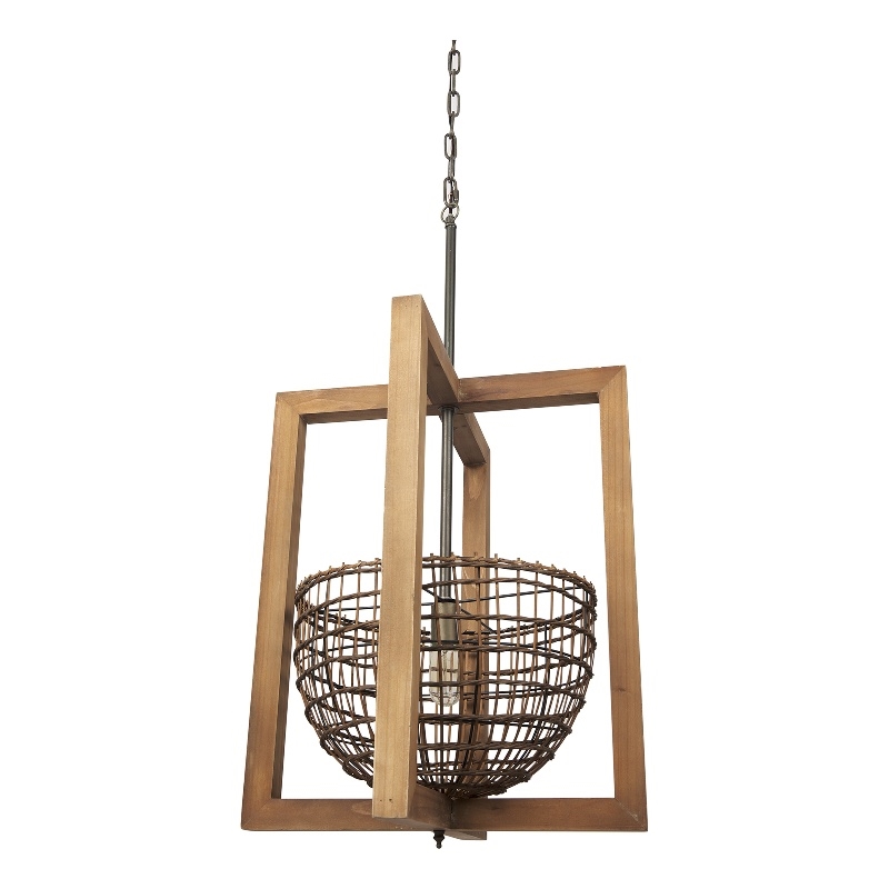 Mercana Kiley Warm Wood Basket Lantern Pendant Light Brown