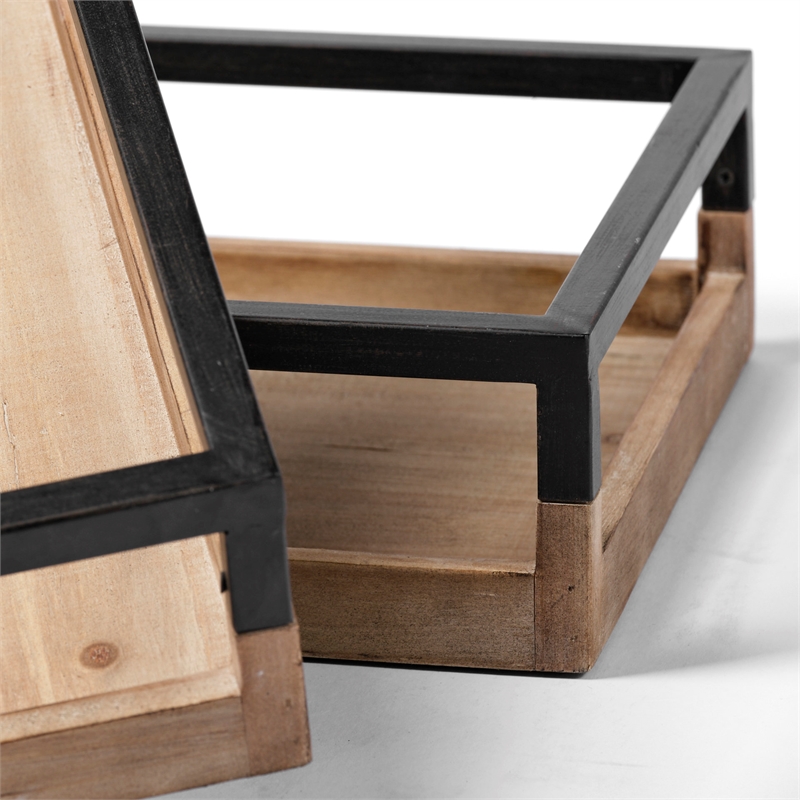 Mercana Ross Natural Wood W/ Black Metal Nesting Trays in Brown (Set Of 2)